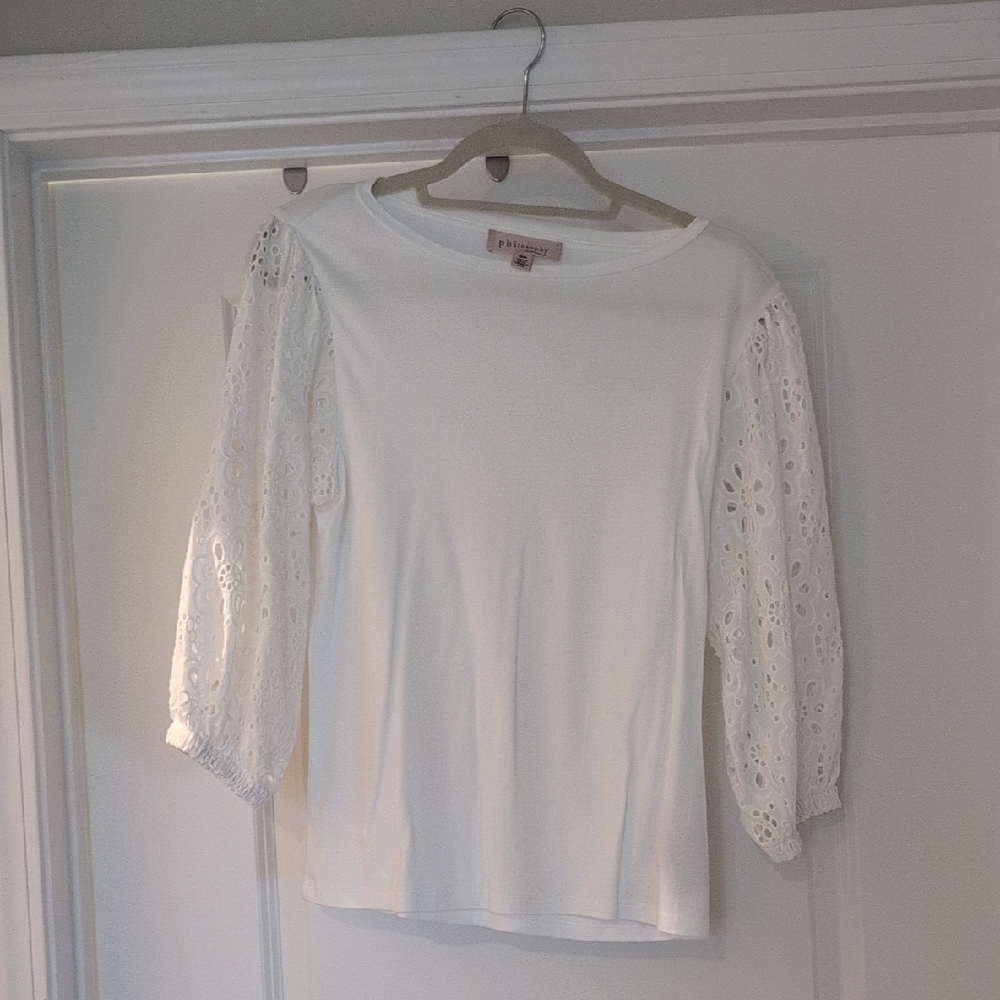 Philosophy 3/4 Sleeve Pleated Eyelit Knot Top